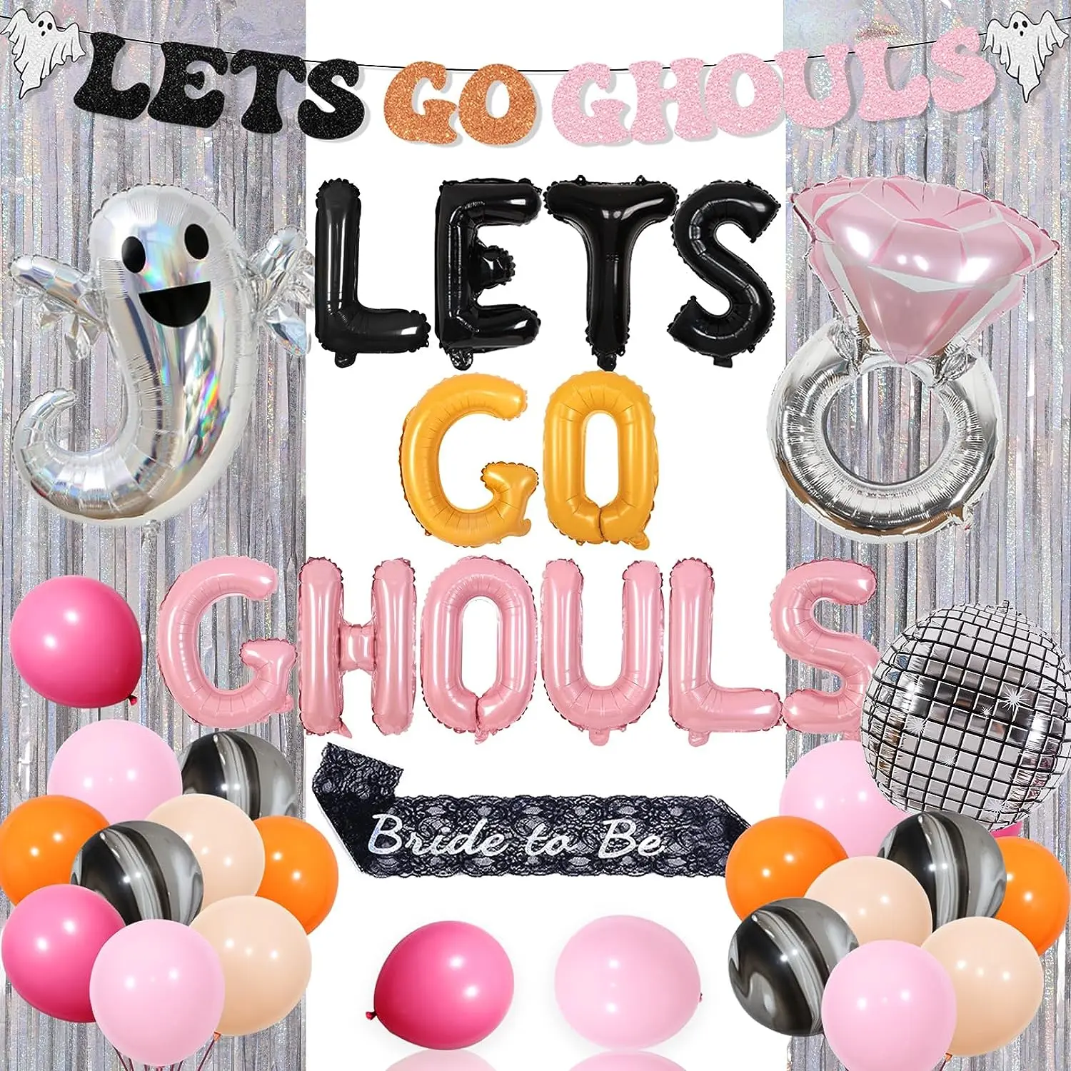 Let's Go Ghouls Halloween Bachelorette Party Decorations, Banner, Ghost Foil Balloons, Bride To Be Sash for Girls