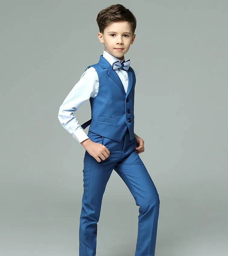 Boys Wedding Suit Baby Kids Vest Shirt Pants Bowtie 4PCS Photography Suit Child Birthday Ceremony Costume Teenager School Set