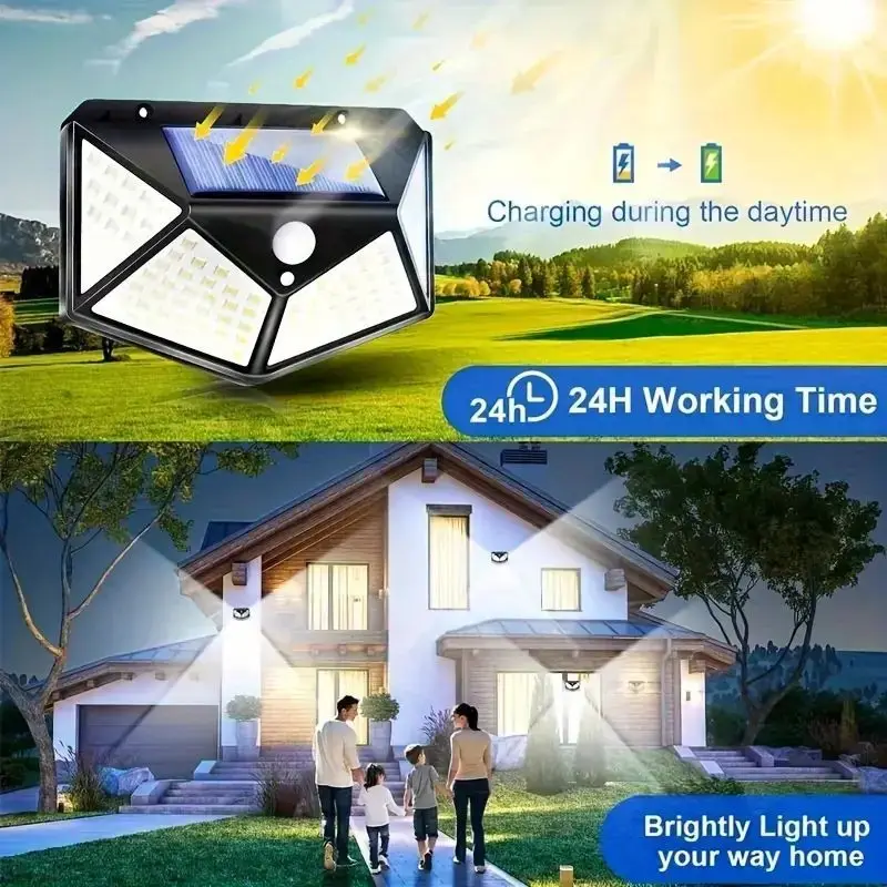 1-6PCS 100 LED 1800MAH Solar Wall Lamp Blubs  4 Sides Luminous With Motion Sensor Outdoor Garden Courtyard Waterproof Wall Light