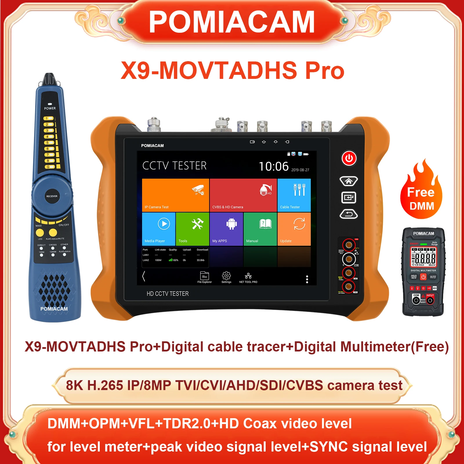 

X9-MOVTADHS Pro 8K IP camera tester 8MP TVI/CVI/ AHD/CVBS Camera Tester with POE++ Max 90W Power Output POE Camera Tester