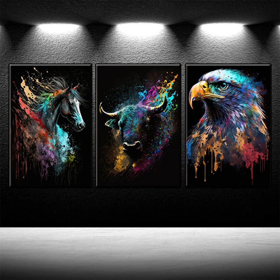 5D DIY Diamond Embroidery Picture Colorful Abstract Animal Art Horse Ox Flying Eagle Diamond Painting Mosaic Wall Artx3pcs