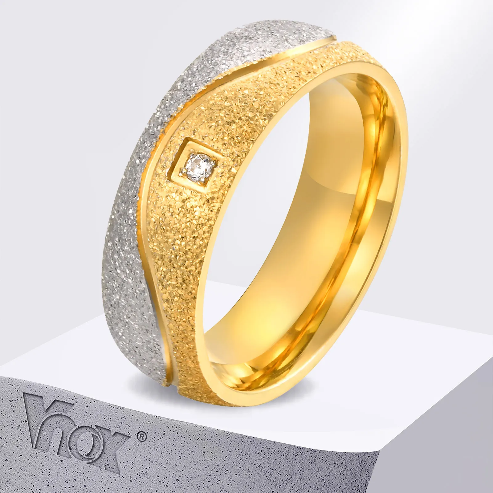 Vnox 6mm Unisex Sandblasting Ring, Two Tones Men Women Stainless Steel Finger Band with AAA CZ Stone Inlay,Fashion Wedding Band