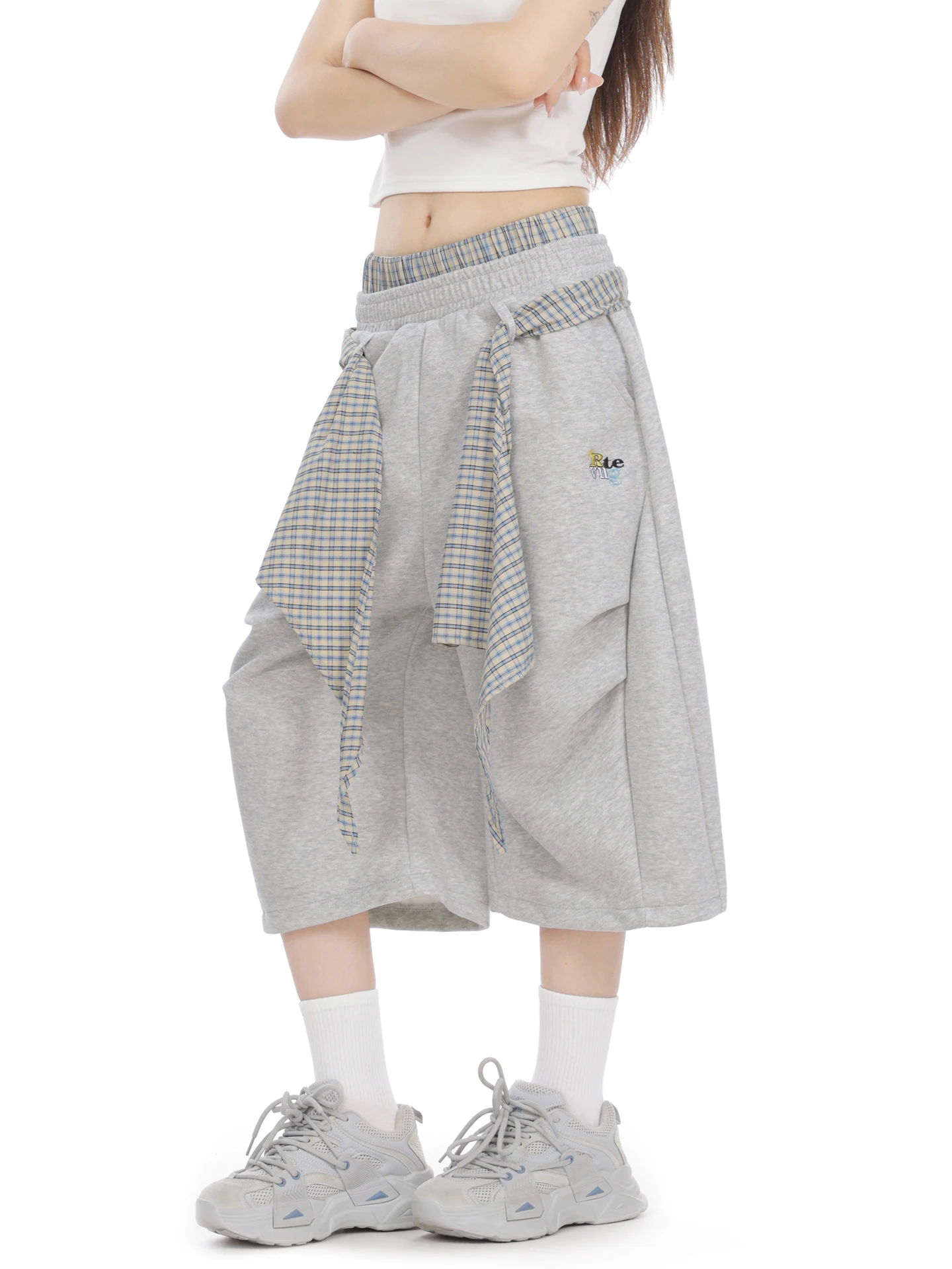 American Style Plaid Short Pants Women's Casual Layered Wear Loose Slimming Double Waist Wide Leg Sporty Seven-Foot Trousers