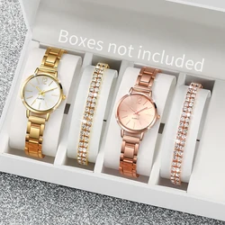 4PCS/Set Women's Watch Fashion Stainless Steel Strap Simple Quartz Watch With Double Row Diamond Bracelet