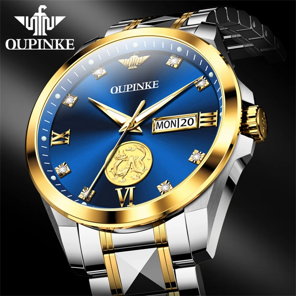 ﻿ OUPINKE 3259 Męski zegarek automatyczny zegarek mechaniczny ﻿   Wodoodporne zegarki ze stali wolframowej dla mężczyzn Zegarek z podwójnym kalendarzem Prawdziwe złoto