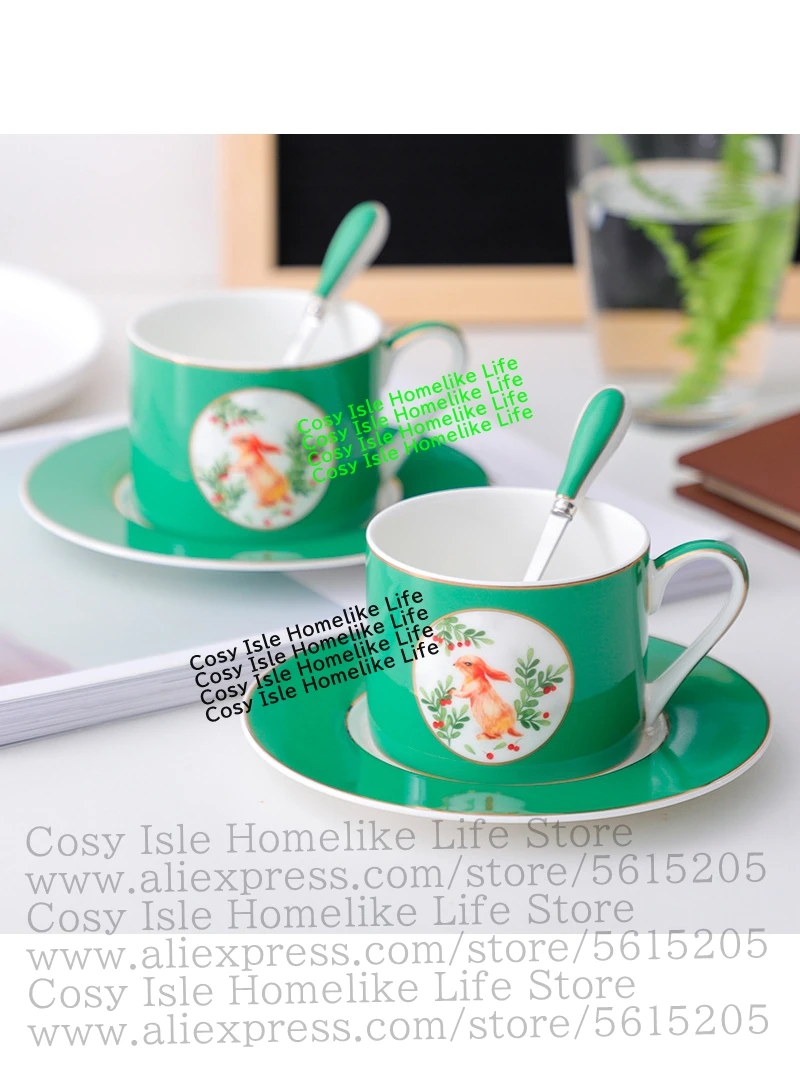 Bone China Cup Dish European light luxury Ceramic Gold Edge Green Mug Milk Coffee Cups Saucers Fashion Flower Tea Drinking Ware
