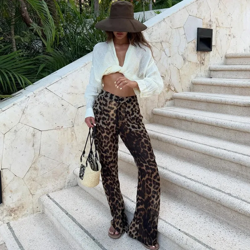2025 Spring and Summer New Women's Vacation Chiffon Leopard Pattern Elastic Waist Pocket Loose Work Pants