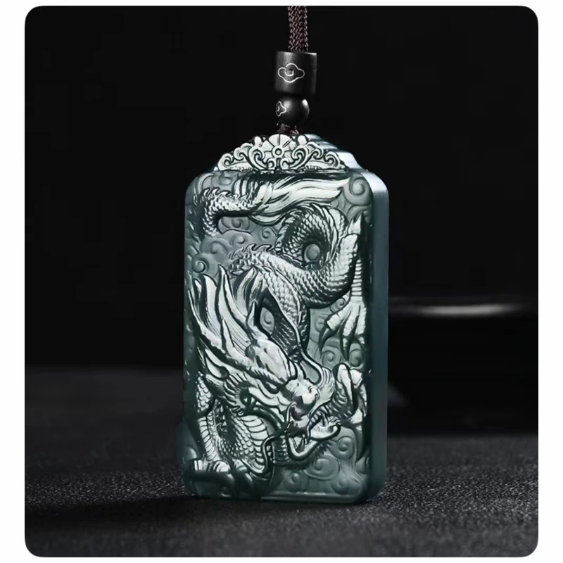 Hetian Qingyu high-end luxury dragon carving jade pendant men black pendant necklace wealth field women amulet zodiac Dragon