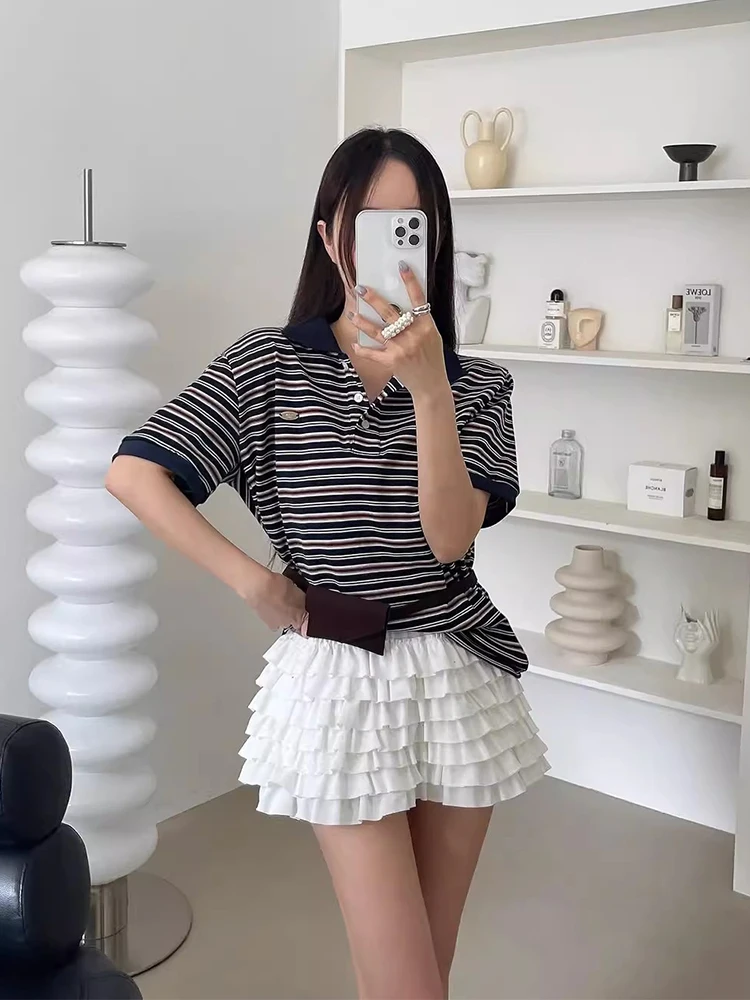 

Sweet Personali Color Blo Stripe ort Sve T irt Women's Summer New Sle Korean Version Loose Fit Top