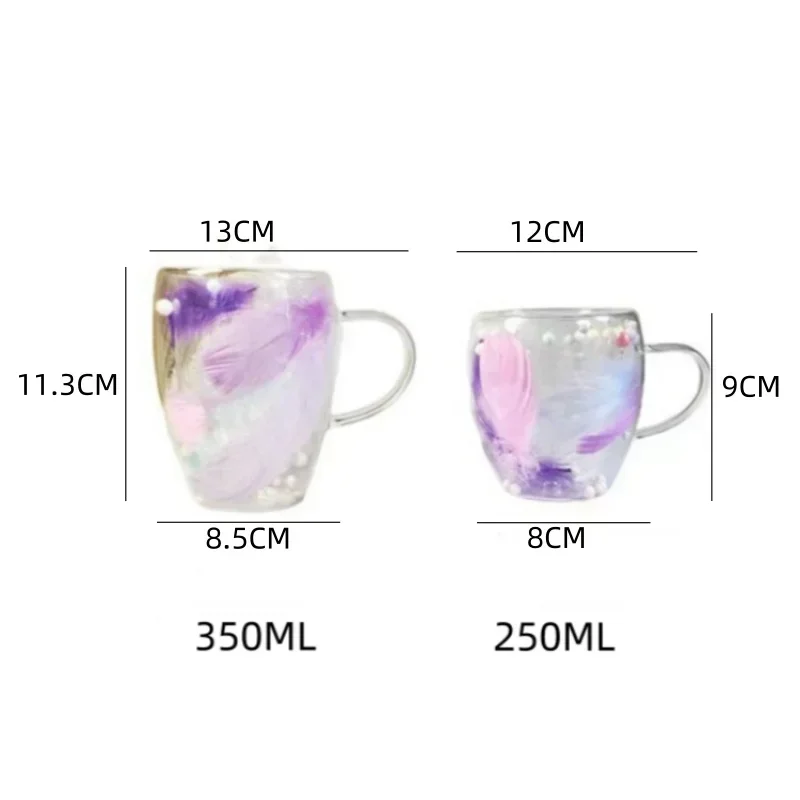 250/350ml Double-layer Glass Coffee Cup with Feather Design Clear Heat-resistant Glass Mug Household Office Cups Creativity Gift