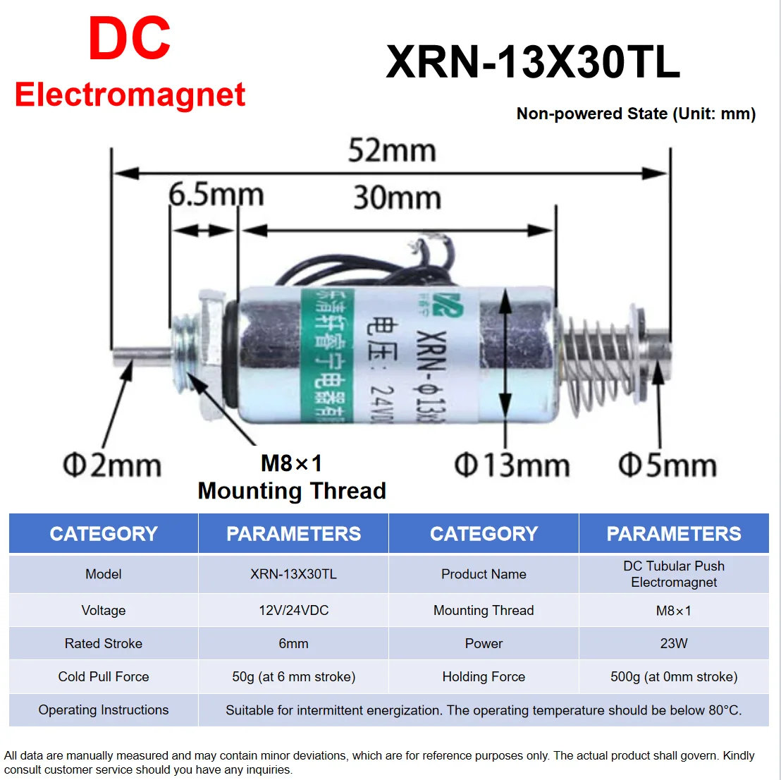 XRN-13X30TL Mini DC Tubular Push Type Solenoid Electromagnet Self Return Spring Linear Actuator Industrial Coil