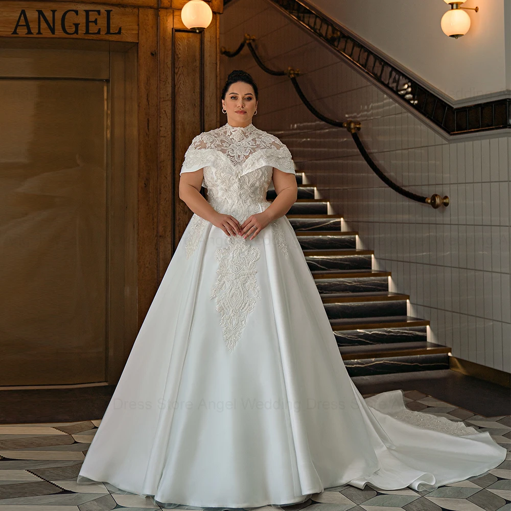 ANGEL Maßgeschneiderte Satin Luxus Übergröße Brautkleider 2026 Langes Hochzeitskleid A-Linie Hoher Kragen Spitzenapplikationen Vestidos de Novia