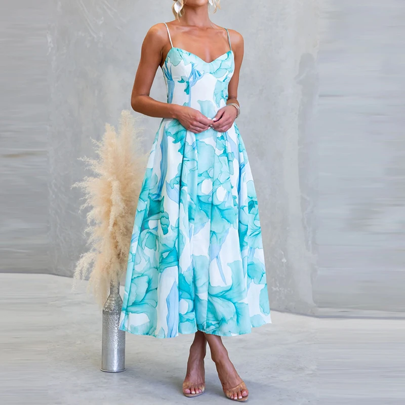 

Летнее новое платье с высокой талией без рукавов, элегантное плиссированное платье с открытыми плечами, модное вечернее платье с цветочным принтом и бретелями на шее.