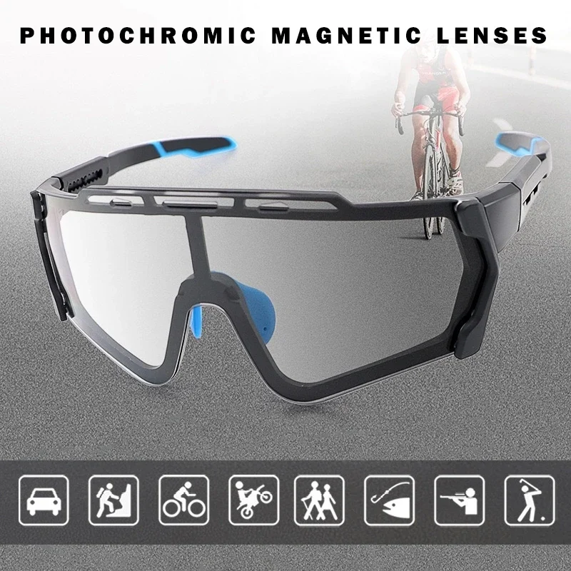 

3 in 1 Magnetic Lenses Men's Cycling Glasses Women Purple Photochromic Glasses Myopia Lenses Day and Night Use Adjustable Goggle