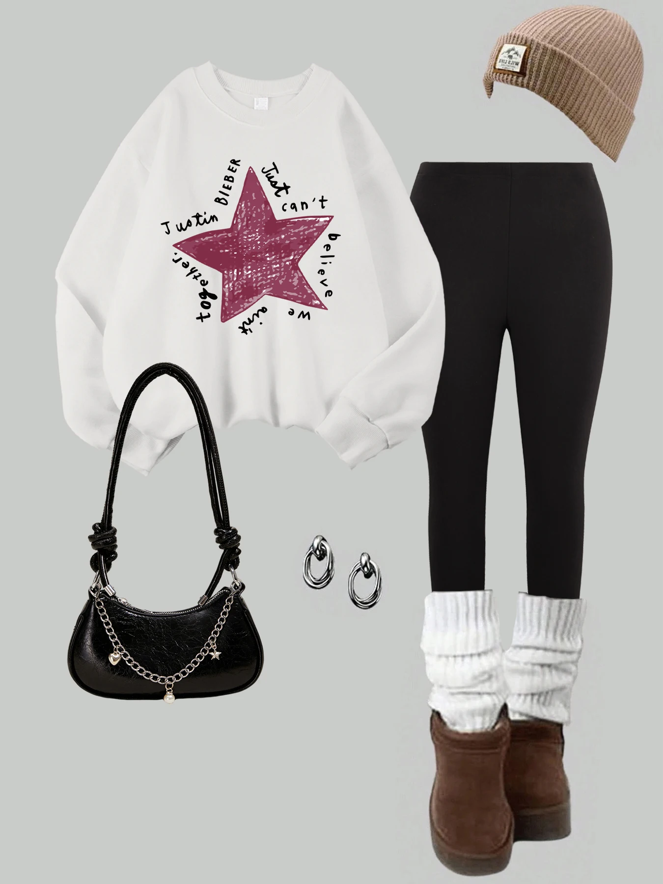 Zweiteiliges Set für Damen im Herbst und Winter, Sweatshirt und Leggings, Just Believe Pentagram Print, Streetwear, Street-Fleece, warme Hose
