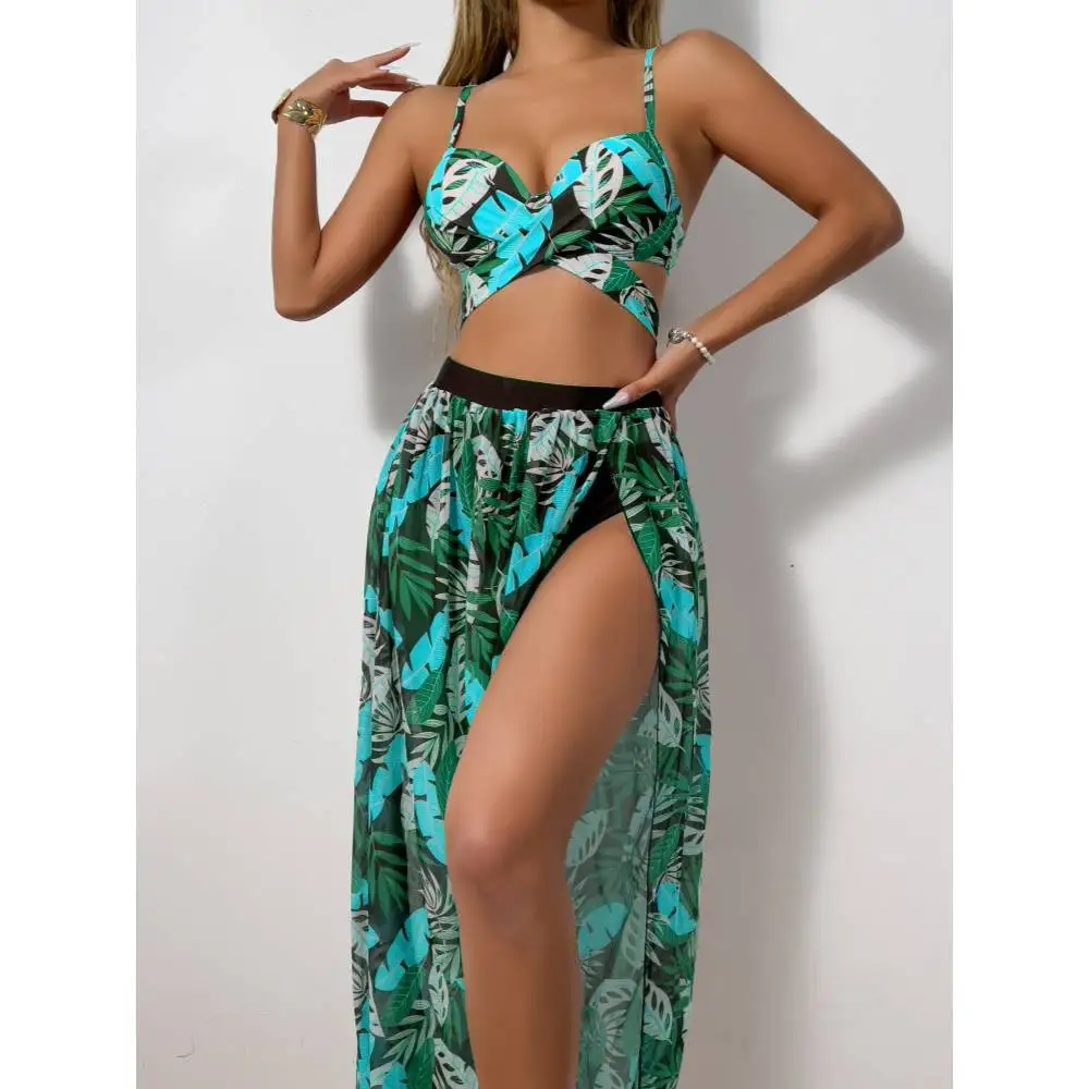 Cikini Sexy Bikinis Set Mesh Long Skirt Three Piece Set Split Swimsuit Summer Beach Swimwear Bathing Suit For Women