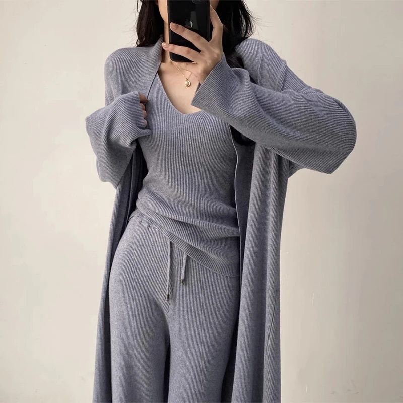 

Осенне-зимний вязаный длинный жилет с v-образным вырезом, свитер, верхняя одежда, повседневные брюки, комплект футболок для женщин, шикарный ансамбль Faion