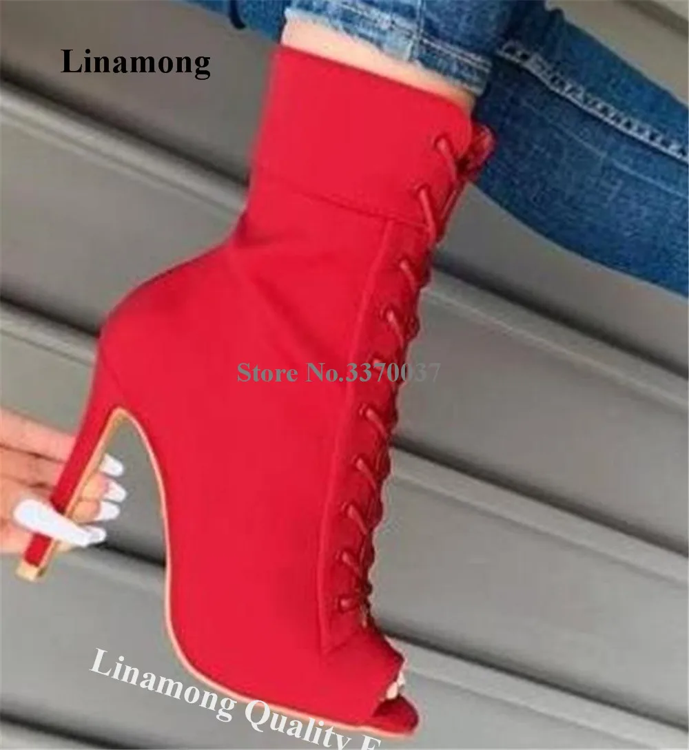 

Linamong Red Blue Short Boots Women Elegant Peep Toe Lace-up Stiletto Heel Ankle Booties Party Dress Heels Big Size Shoes