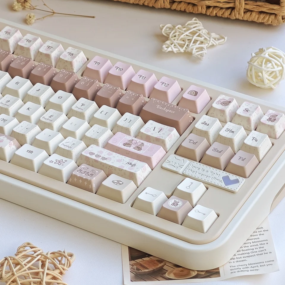 MAIMOOO Teddy Bear Keycaps Cute Pink Brown Girl CHERRY Height Heat Sublimation PBT White Keycaps