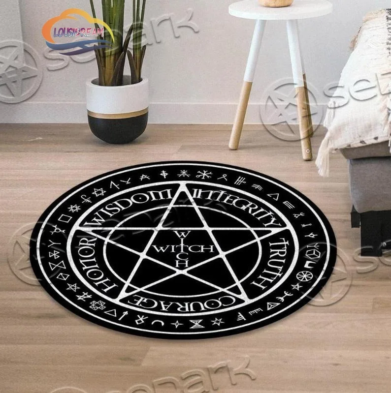 Pentacle Symbol Rug, Pentagram Patterned Round Carpet, Satan Devil\'s Trap, White on Black Supernatural Carpet