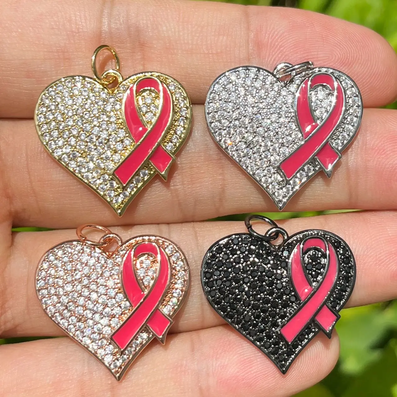 5Pcs Zircon Pave Copper Heart Charms Pink Ribbon Breast Cancer Awareness Jewelry Making Accessories for Bracelets Making