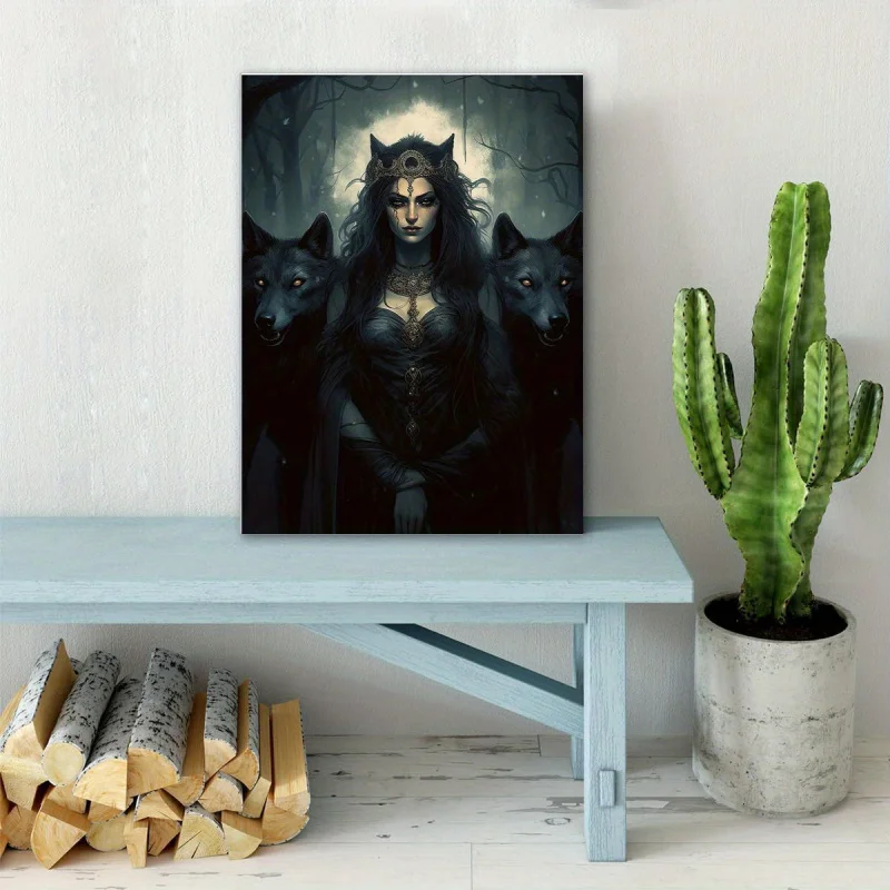 Hekate & Medusa Vintage Greek Mythology Canvas Art - Dark Goddess & Crow Witch Wall Decor, Wooden Framed, 11.8X15.7 Inches