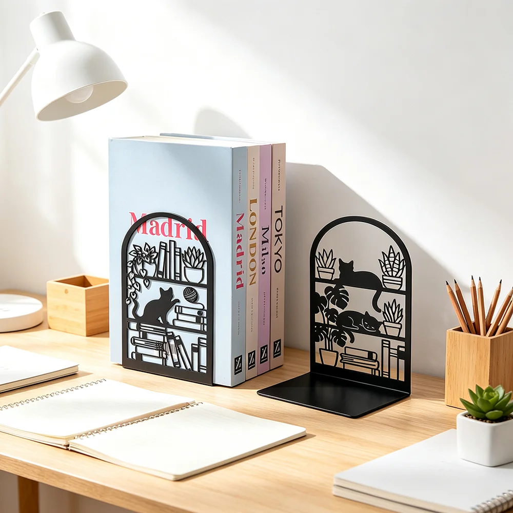 Cat Pattern Metal Bookends, Book Holder for Book Lovers, Desktop Decor for Home Office Study, Birthday Christmas Gift