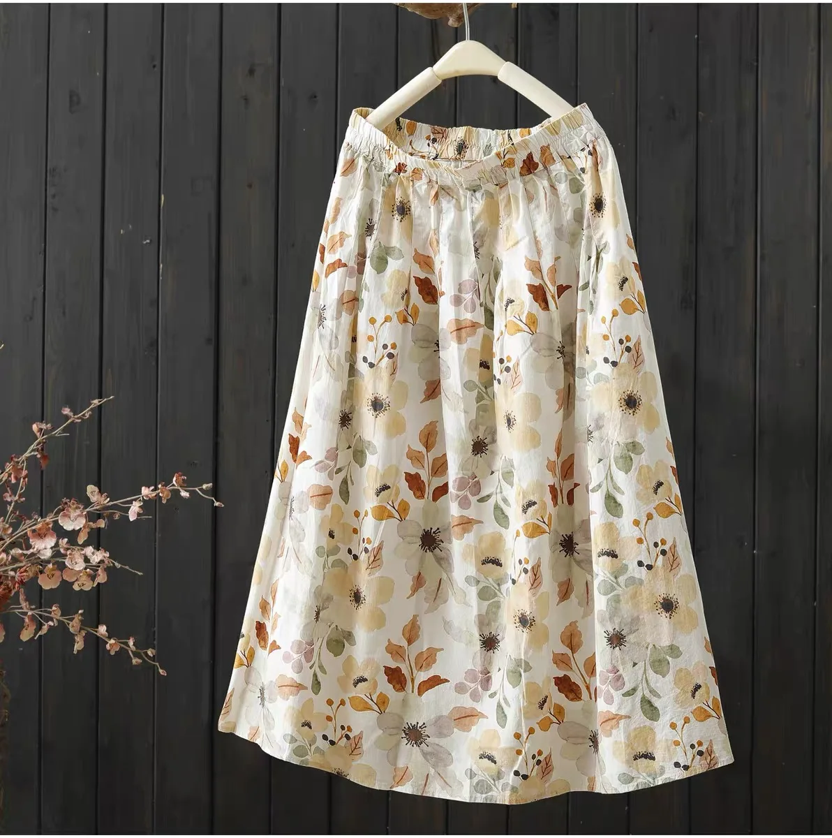 2026 Vintage Watercolor Floral Cotton Yarn Skirts for Women Spring Elastic Waist Flowy A Line Breathable Long Skirt