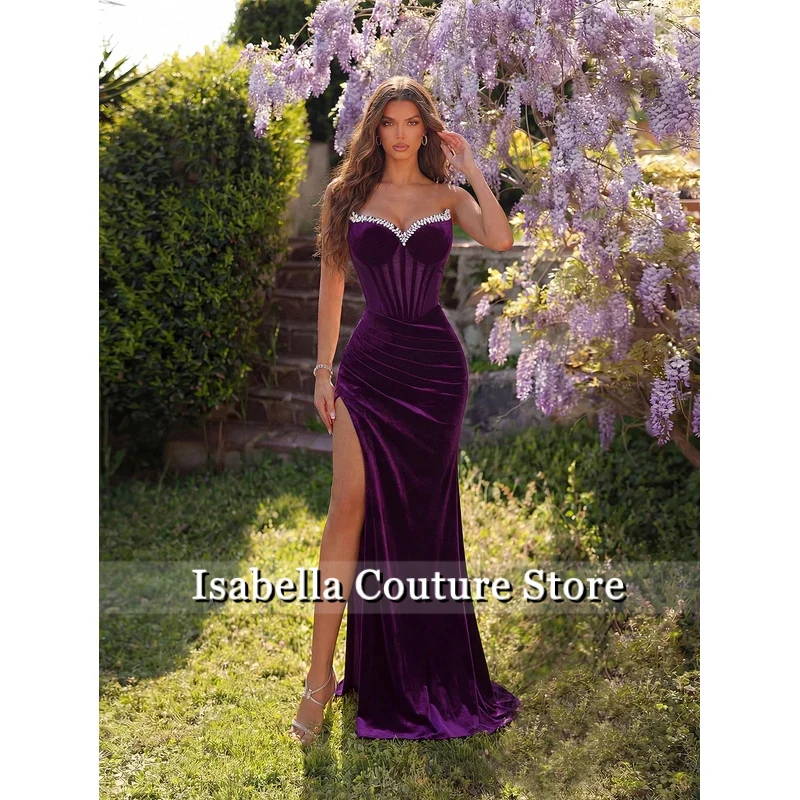New Summer Elegant Women's Plunge Strapless Rhinestone Fish Bone Pleated Front Slit Backless Maxi Party Evening Dress Customized