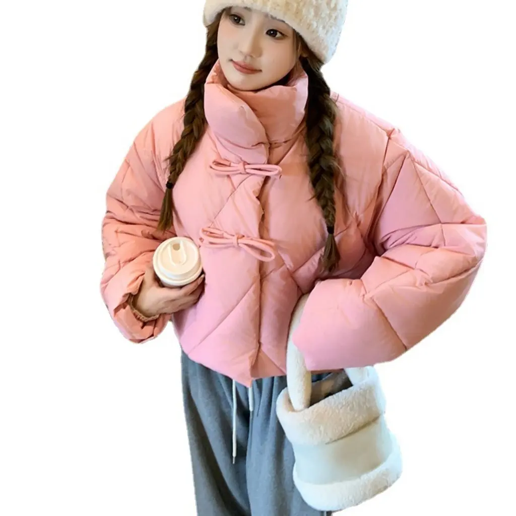 

Women's Pink Bow Short down Cotton-Padded Coat Korean Style Winter Jacket Trendy Instagram Style Bread Coat