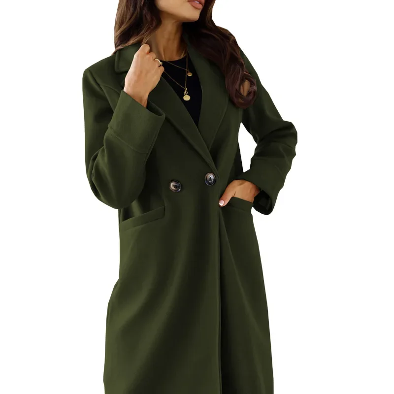 

2024 autumn and winter new European and American women's clothing simple solid color double-breasted long-sleeved lapel button