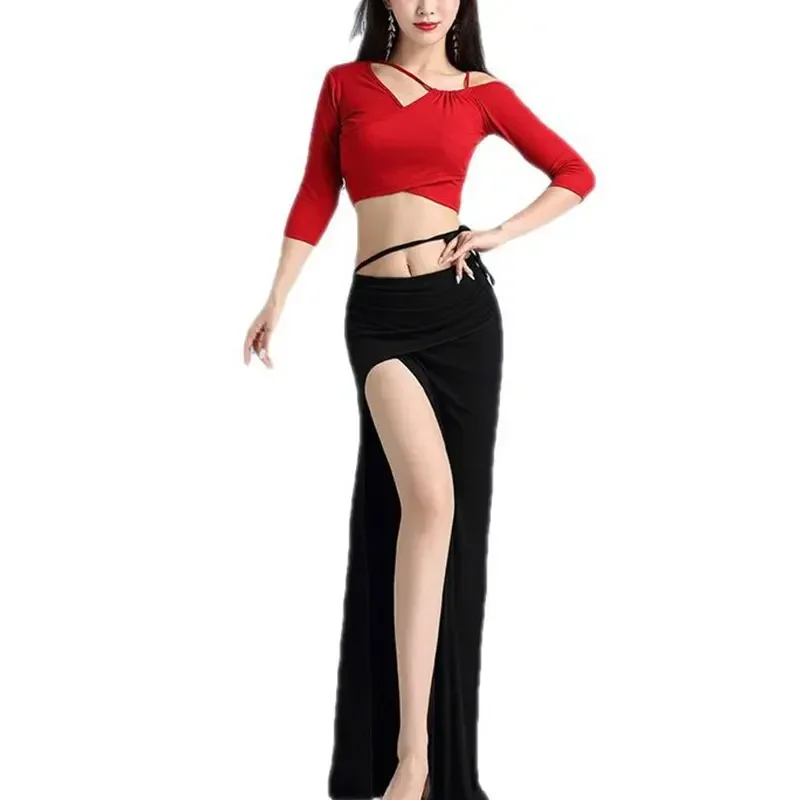 Conjunto de roupas de dança do ventre feminino, top elegante, saia dividida, prática oriental