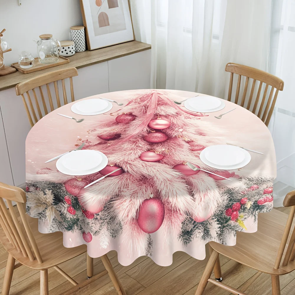 1-Pack 2D printed round tablecloth with pink Christmas tree theme, designed for festive dining