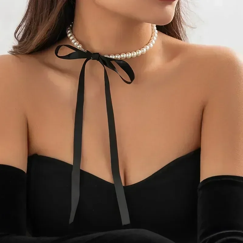 Trend Wedding Choker Imitation Pearl Neck Necklace Party Jewelry Long Black Ribbon Necklace For Women Elegant Beads Necklaces