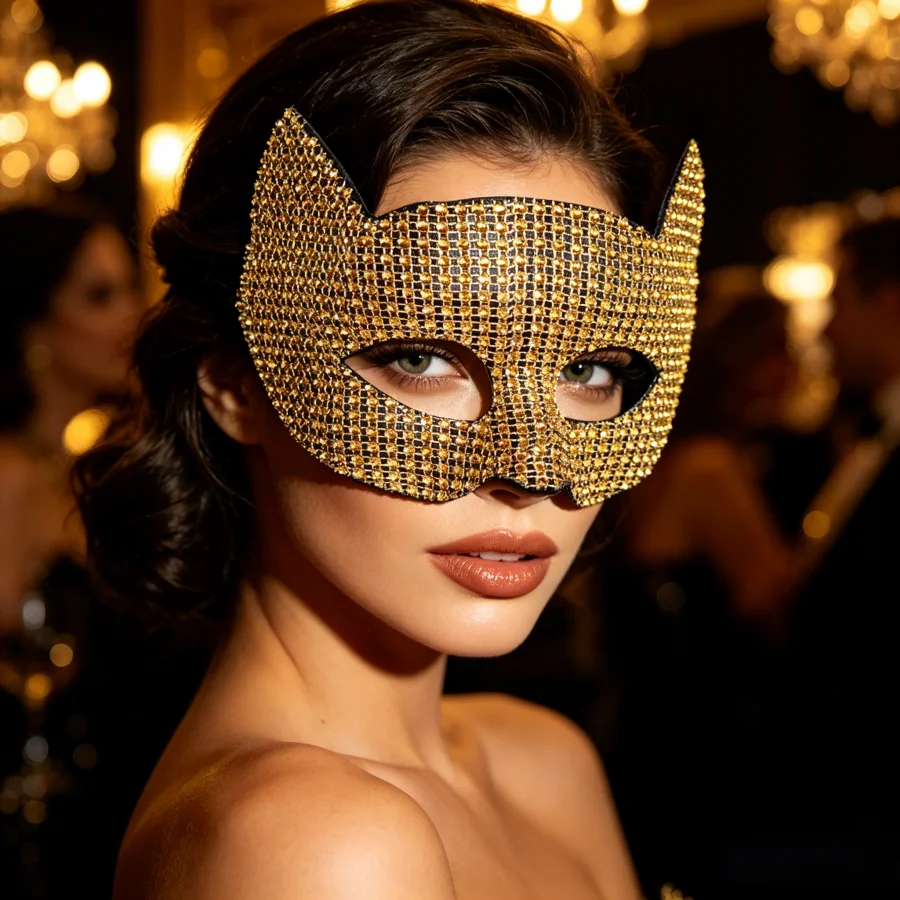 Gold Rhinestone Cat Mask, Halloween Party Masquerade Half Face Mask for Women Cosplay Costume