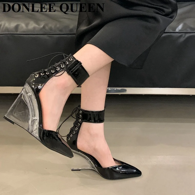 

Sexy Black Patent Leather Pointed Toe Slingback Sandals Fashion Lace Up Cover Strap Women Transparent Wedge High Heel Pumps Shoe