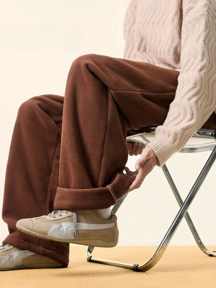 

Двусторонние флисовые утепленные зимние повседневные брюки для мужчин в американском стиле, широкие прямые брюки, молодежный модный бренд