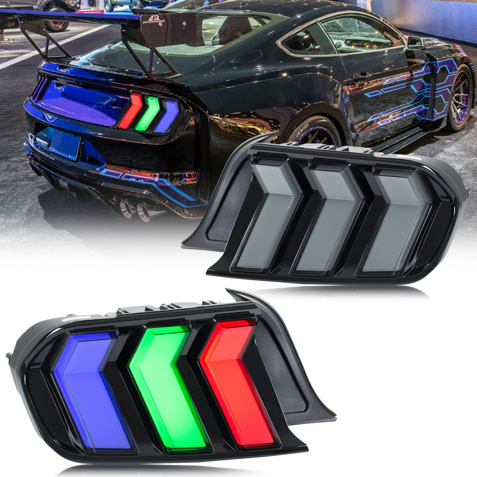 

LED Euro RGB Tail Lights for Ford Mustang 2015-2023 S550 GT V6 V8 Color Change Sequential Turn Signal Black Rear Lamps Assembly