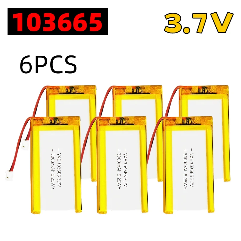 103665 3,7 V 3000 mAh wiederaufladbarer Polymer-Lithium-Akku mit JST PH2.0-Stecker, Li-Po-Akku mit hoher Kapazität, Kamera, GPS, MP5-Headset