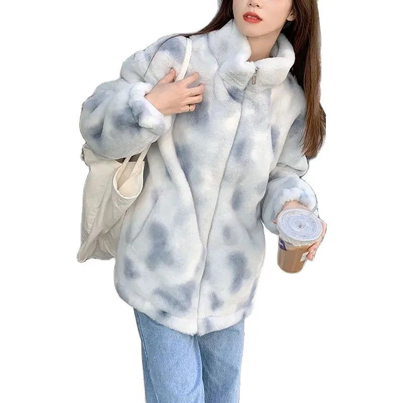 

Tie Dye Woman Zipper Jacket Lamb Wool Fur Coat Hairy Fur Winter Clothes Women Long Sleeve Oversize Tops Streetwear Warm Jacket