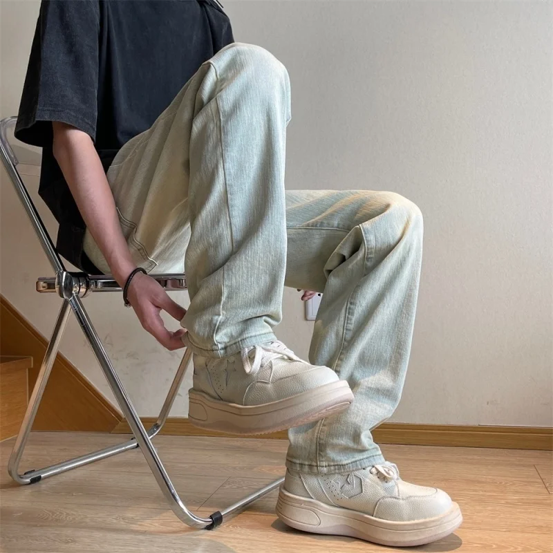 

Washed Denim Jeans Men's Straight Leg Yellow Mud Color High Street Style Casual Long Trousers Spring Autumn Fashion Trend