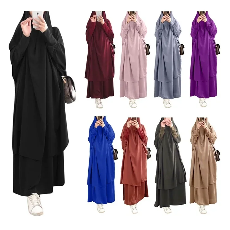 Ramadan Hooded Abaya Muslim Women Prayer Garment Jilbab 2 Piece Set Long Khimar Hijab Dress Abayas Skirt Sets Islamic Clothing