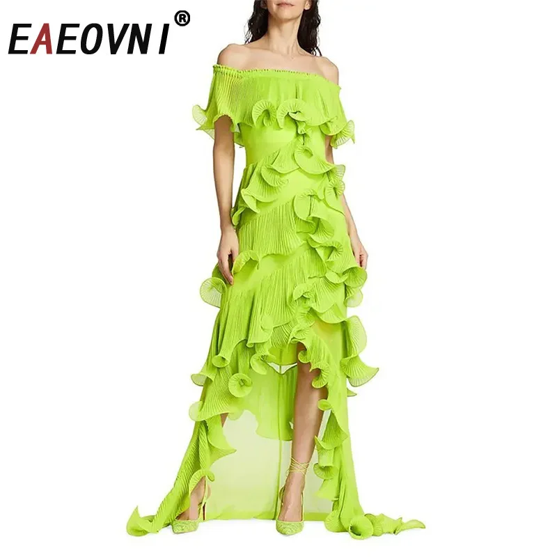 

EAEOVNI Summer Elegant Ruffles Spliced Design Long Dress Women Slash Neck Shortr Sleeve Solid Color Party Dresses 2025 New 1A934
