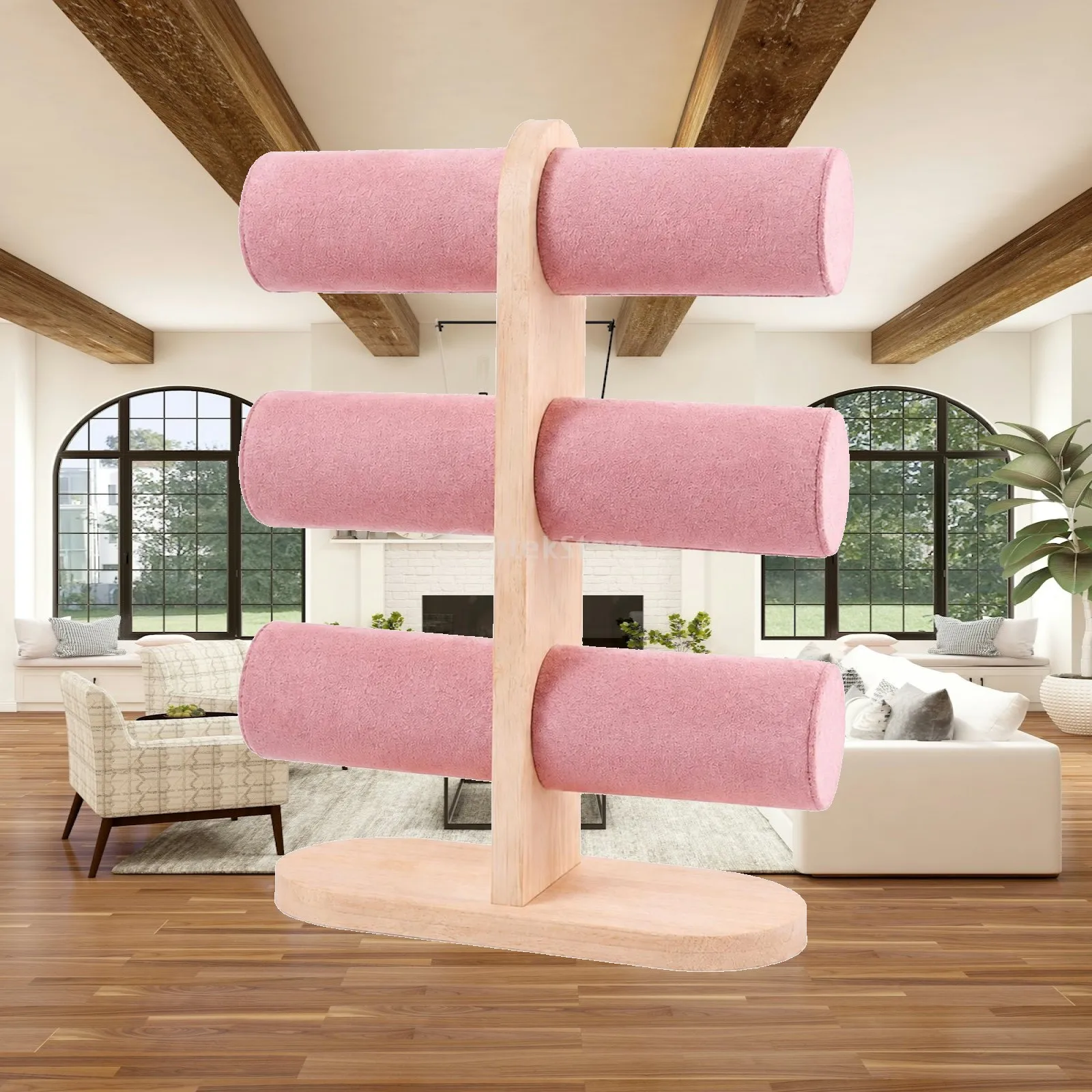 Pink Velvet Jewelry Rack Wooden Three Tier Display for Earrings and Bangles Storage