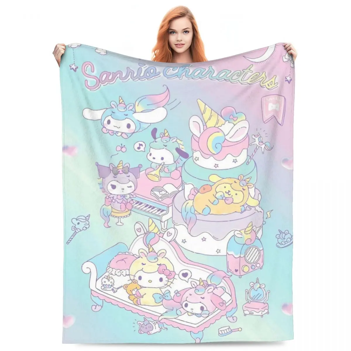 Warm Blanket Travel Sanrio Cinnamoroll Cartoon With Friends Throw Blanket Flannel Bedspread For BedroomGraphic Sofa Bed Cover