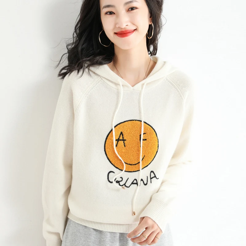 

Women's Hooded Long Sleeve Pullover, Smiling Face Pattern, New Korean Edition Knitwear, Autumn and Winter Fashion, 2023