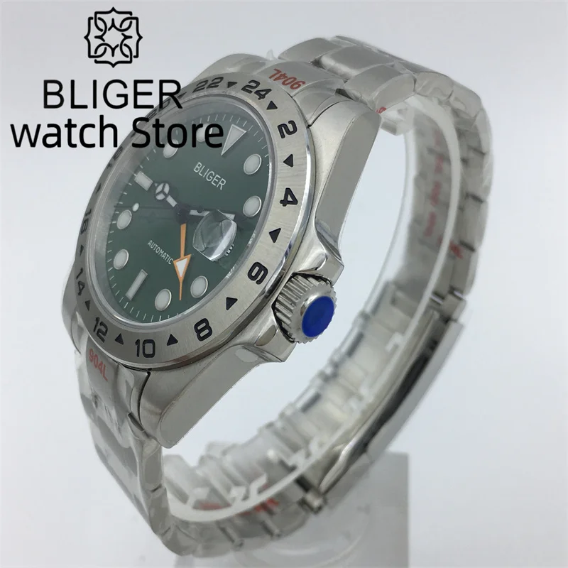 BLIGER 43mm DG3804 GMT Casual Men's Mechanical watch Blue luminous Green Dial Date Sapphire Glass Stainless Steel Bracelet