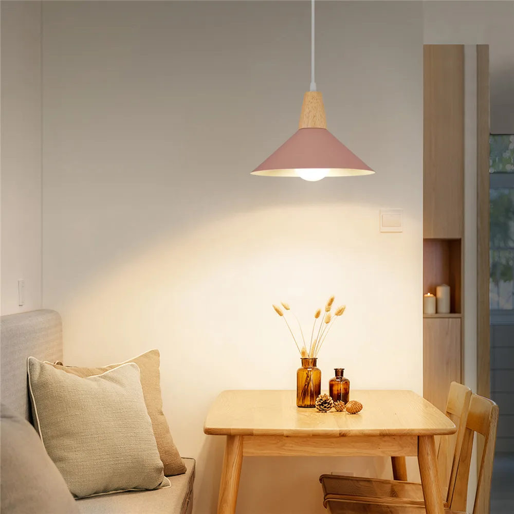 Nordic Modern E27 Wood Pendant Light Pink Pendant Lamp Shade for Living Room Bar Dining Table Bedside Decorative Lighting Fixtur