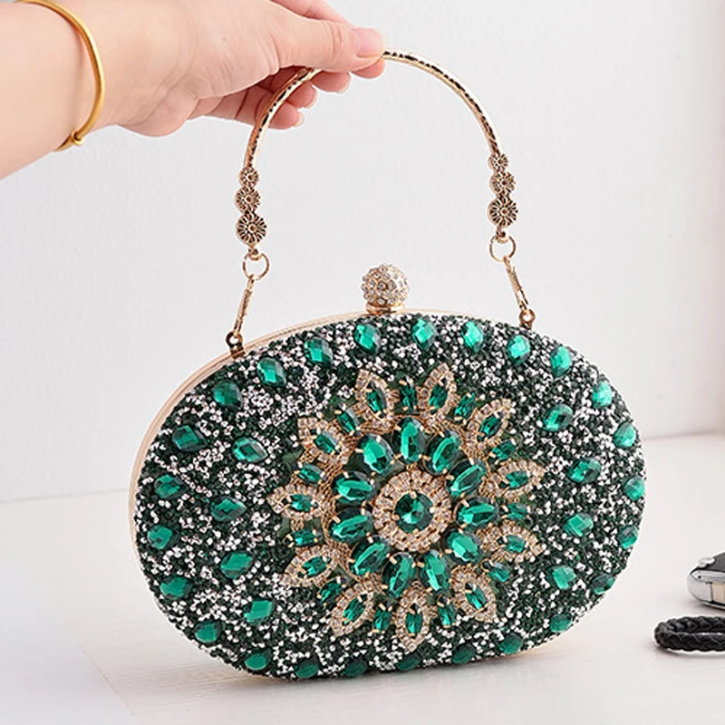 Green Rhinestone Evening Clutch Bag Luxury Women's Crystal Oval Handbag with Long Chain Round Shoulder Purse for Wedding Party