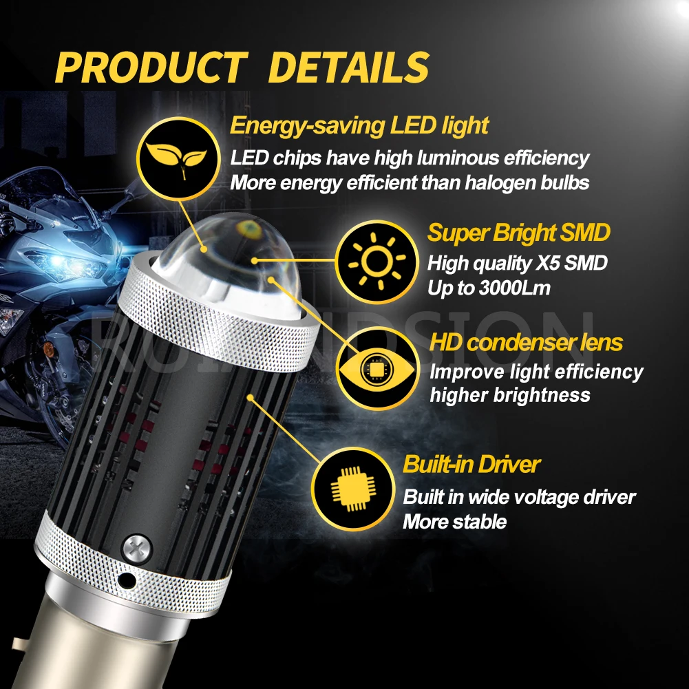 Motorcycle P45T BA20D Headlamp LED 12-80V Super Bright White Hi/Lo Beam For Honda Front Light Bulb Fit Off-Road Motorbike 3000LM